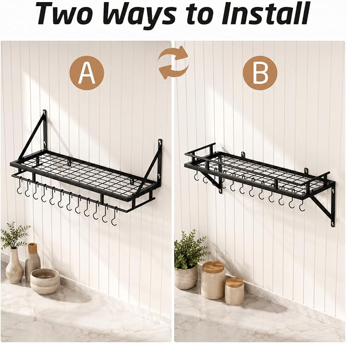 KES 30-Inch Kitchen Pan Pot Rack Wall Mounted, Hanging Storage Organizer | 88 Lbs Capacity, Wall Shelf with 12 Sturdy Hooks, 16-Inch Stud Mount, Matte Black, KUR215S75A-BK