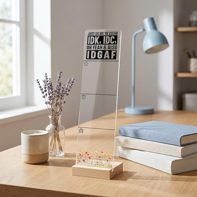 Sticky Note Holder, Monitor Memo Board, Acrylic Post It Note Holder with Wooden Base, Includes 200 Notes, Desk Organizer Funny IDGAF Quote