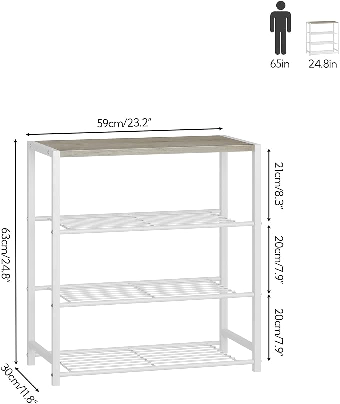 Yusong Shoe Rack Organizer, 4 Tier Industrial Shoe Storage Shelf for Closet Entryway, Narrow Sturdy Metal Shoe Shelves, White