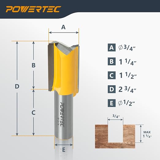 POWERTEC Tungsten Carbide Tipped Double Flute Straight Router Bit, 1/2" Shank, 3/4" Cutting Dia. 1-1/4" Cutting Length, Woodworking Router Bits for use on Router Table and Router Tool (73065)