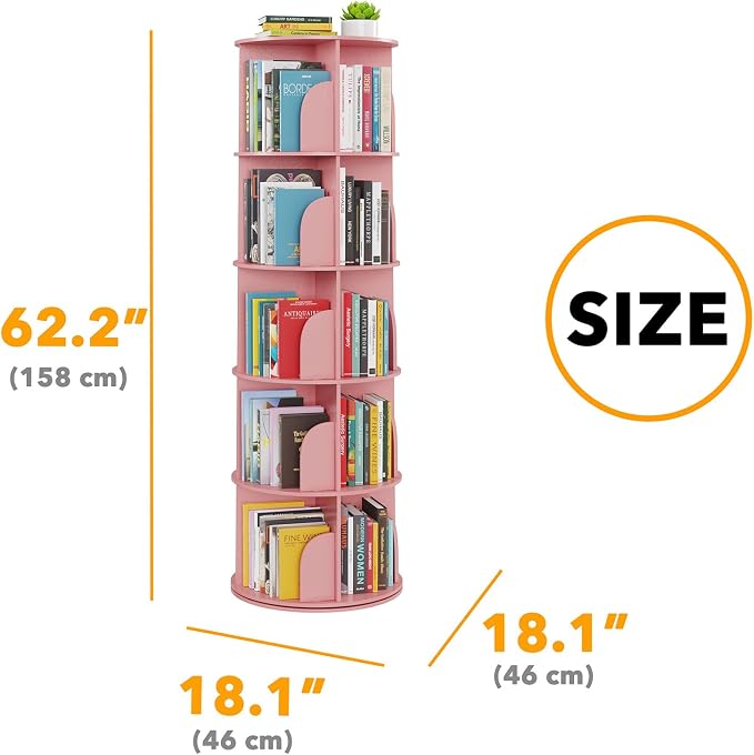 SpaceAid 5 Tier Rotating Bookshelf Tower, Spinning Bookcase Lazy Susan, Revolving 360 Book Shelf Storage Round Carousel, Vertical Rotate Turning Spiral Corner Organizer, Pink