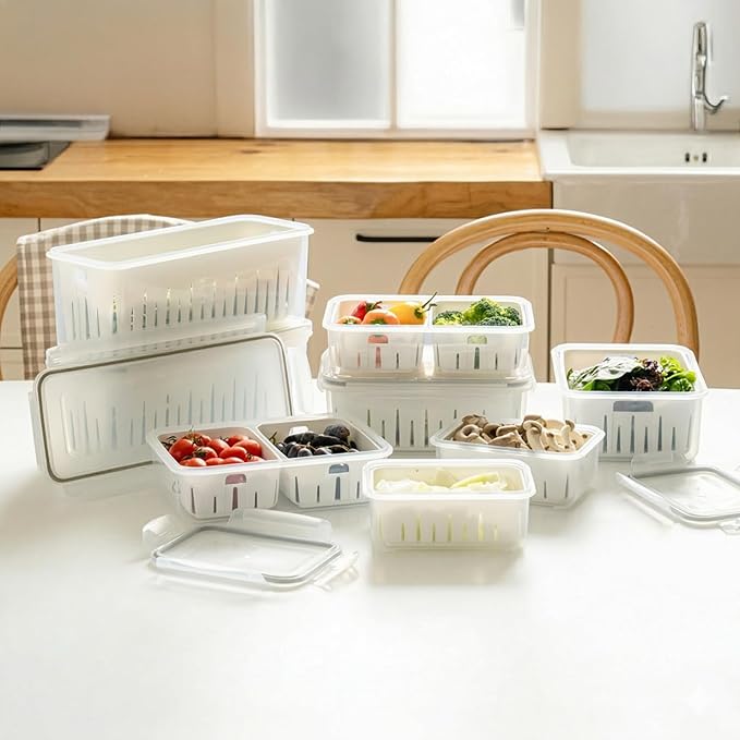 carrotez 3.0 Cup Produce Saver Container for Fridge with Colander - 700ml | Airtight Fruit & Vegetable Storage Bin, Removable Strainer Basket, BPA-Free, Stackable, White Colander