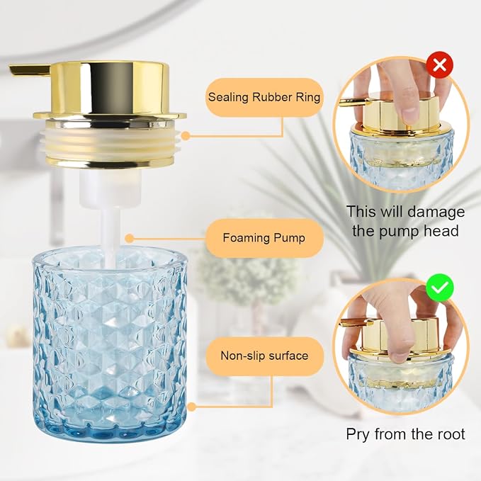 10 Oz Glass Hand Soap Dispenser with Pump, Refillable Bathroom Gold Foaming Soap Dispenser, Vintage Glass Diamond Lotion Container Bottle for Bathroom and Kitchen (1, Blue and Gold)