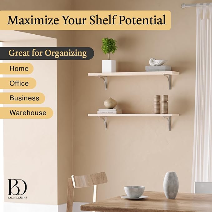 Classic Silver Heavy Duty Shelf Brackets 8 inch by Balin Designs – Chrome L Bracket, Wall Mounted Support, Shelving Metal Bracket, Decorative Shelf Brackets, with Hardware Included, Set of 4