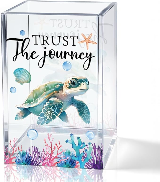 Trust The Journey Acrylic Pencil Holder Cup, Inspirational Gifts for Friends Coworker, Funny Sea Turtle Pen Holder for Women Girls Turtle Lover, Pencil Cup for Desk, Marker Makeup Organizer