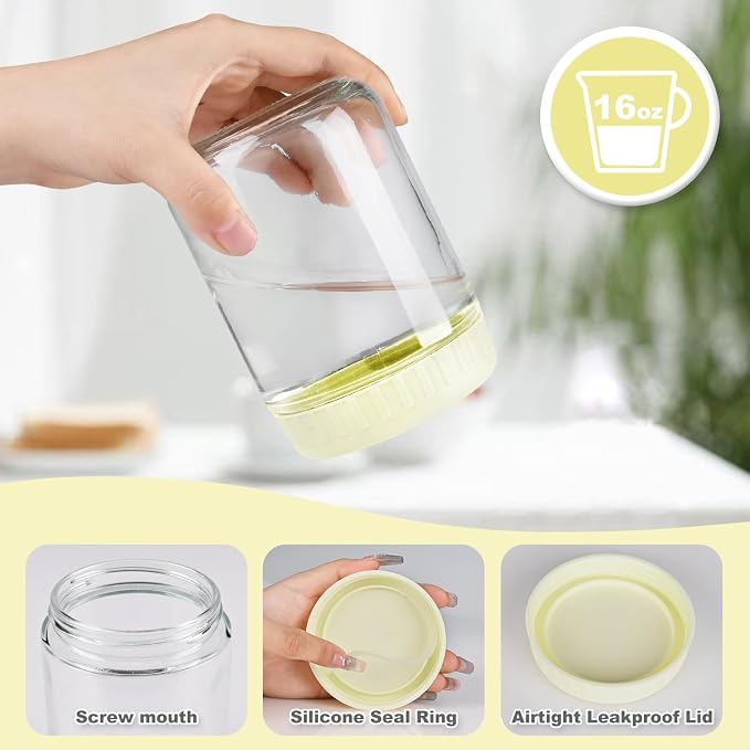 SHOWIN Overnight Oats Containers with Lids, 16oz Glass Jars with Lids 4 pcs, Milk White, Wide Mouth Mason jars for Salad, Yogurt, Snacks, Meal Prep