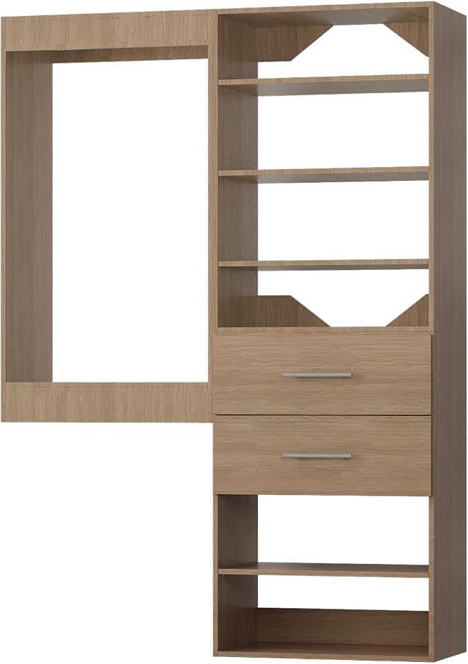 ROOMTEC Modular Closet System, 40" Wall Mounted Closet Organizer with Hanging Rods and Drawers, Wooden Tower for Walk-In Closets, Wardrobe Storage Kit, Wood