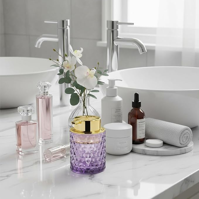 10 Oz Glass Hand Soap Dispenser with Pump, Refillable Bathroom Gold Foaming Soap Dispenser, Vintage Glass Diamond Lotion Container Bottle for Bathroom and Kitchen (1, Purple and Gold)