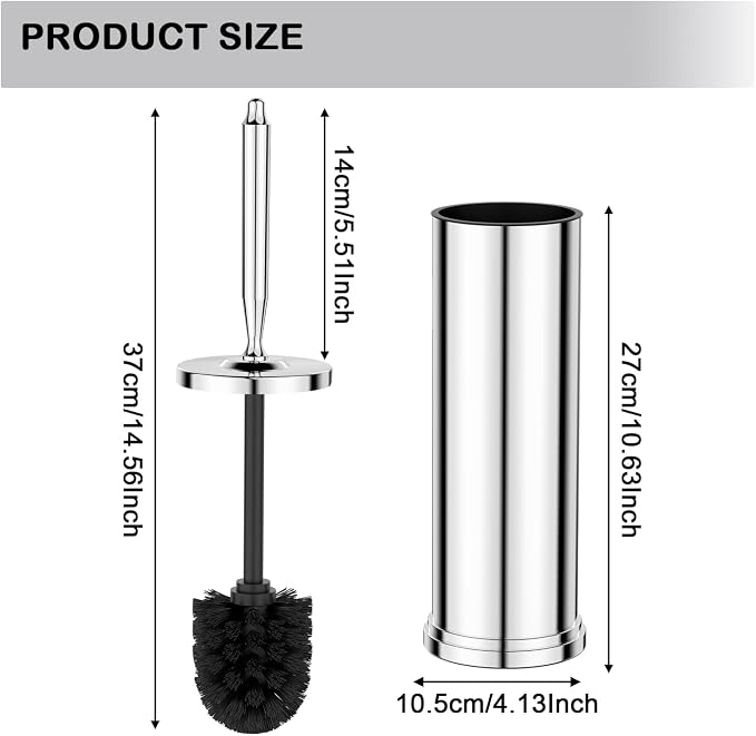 Stainless Steel Toilet Brush and Holder Set : Weighted Stable Base, Removable Inner Tube.Long Handle Toilet Bowl Brush Splash-Proof Design for Deep Cleaning & Space-Saving Storage,Chrome