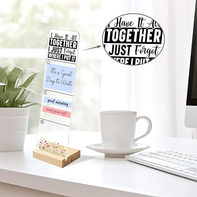 Sticky Note Holder, Monitor Memo Board, Acrylic Post It Note Holder with Wooden Base, Includes 200 Notes, Desk Organizer Funny Forgetful Quote