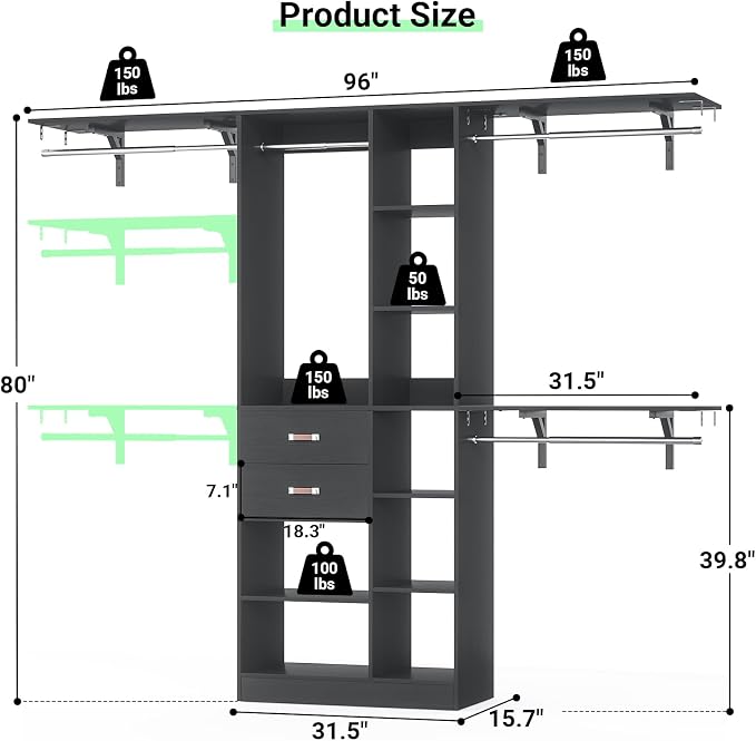 Armocity 8FT Heavy Duty Wood Closet System, 1500 LBS+ Capacity Wall Mounted Walk-in Closet Organizer with 2 Drawers & 4 Hanging Rods, 96'' Custom Bedroom Storage Wardrobe, Black