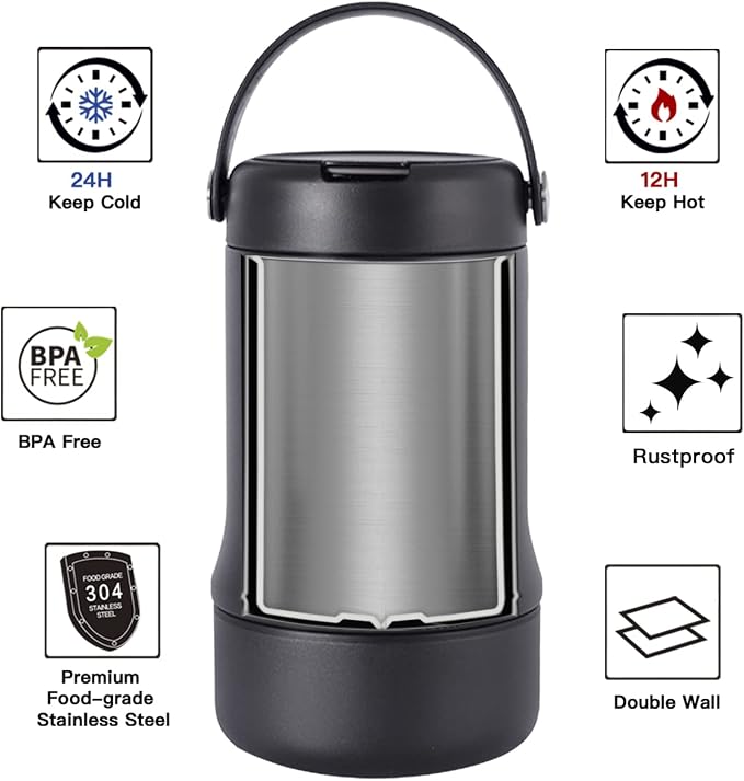 Ideus Soup Thermo with Foldable Spoon and Bowl 20oz, All-in-one Insulated Bento Lunchbox Stainless Steel Leakproof Portable Soup Container Vacuum Thermal Food Jar for Lunch, Black
