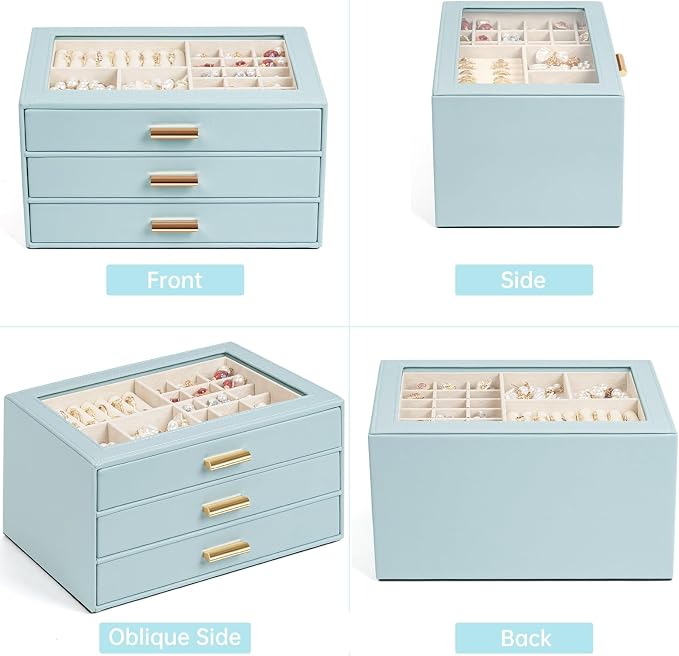 AKOZLIN Jewelry Box with Clear Lid Functional Leather Jewelry Storage Organizer Case 3 Drawers for Women Girls Necklace Ring Bracelet Earring