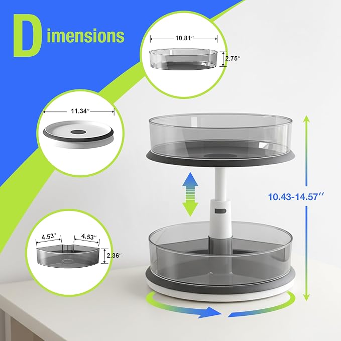 Lazy Susan Organizer for Medicine 2 Tier Pill Bottle Turntable | Clear Grey, 11 Inch, for Vitamin, for Cabinet, for Pantry, with Large Spice Rack