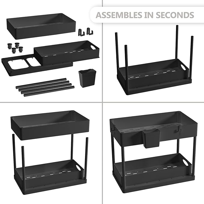 Under Sink Organizers and Storage, Bathroom Cabinet Organizer, Sink Shelf with Utility Hooks and Side Caddy for Under Cabinet Storage | Under Kitchen Sink Organizer with Sliding Drawer, Black (1-Pack)