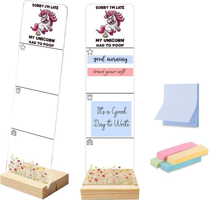 Sticky Note Holder, Monitor Memo Board, Acrylic Post It Note Holder with Wooden Base, Includes 200 Notes, Desk Organizer, Funny Unicorn Quote “Sorry I’m Late My Unicorn Had to Poop”