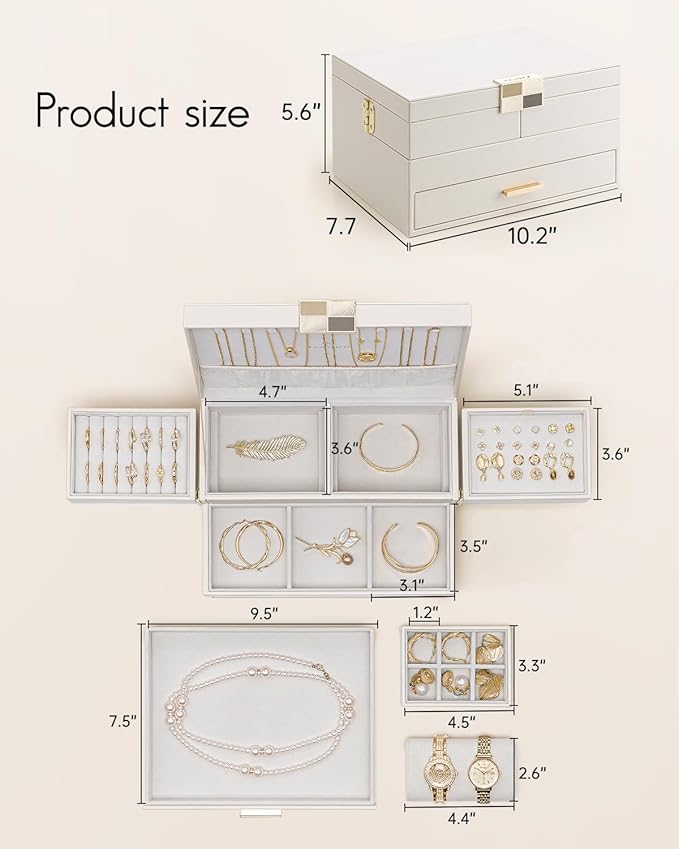 VLANDO 3 Layer Jewelry Box - Women Jewelry Box with Retractable Tray - Jewelry Organizers with Drawer for Necklaces, Rings, Bracelets, Earrings, Valentines Gift for Mom Girls - Cloud White