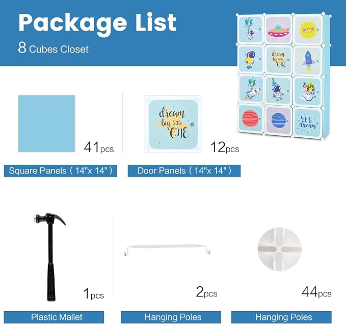 INFANS Children Wardrobe, Kid Closet Portable Baby Dresser Cute for Kids Bedroom Nursery Armoire with Doors 12 Cube 2 Hanging Sections, Kid Clothes Storage Organizer (Blue, 12 Cubes)
