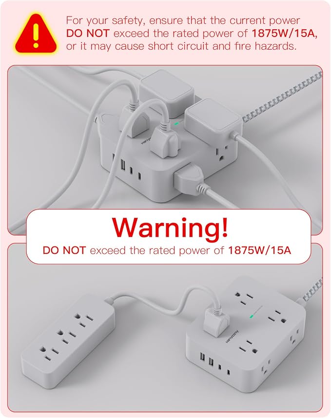 10 Ft Surge Protector Power Strip, HANYCONY Extension Cord with 8 AC Outlets 4 USB (2 USB C) Ports, Flat Plug, Wall Mount Desk USB Charging Station for Home