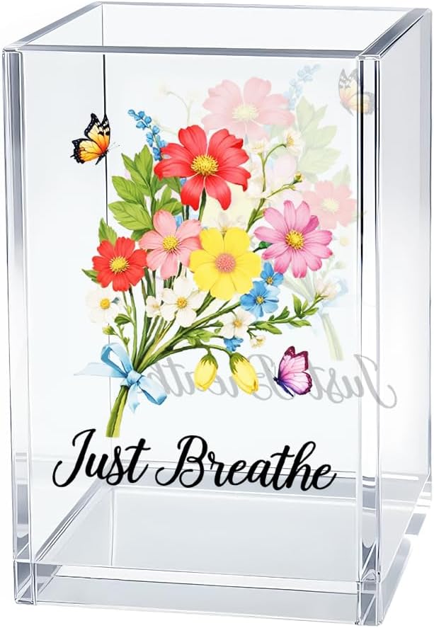 Just Breathe Acrylic Cosmetic Organizer Pen Holder, Motivational Acrylic Desk Holder Cup for Pen Pencil, Inspirational Office Gifts for Coworker Leader, Mental Health Gifts for Anxiety Friend