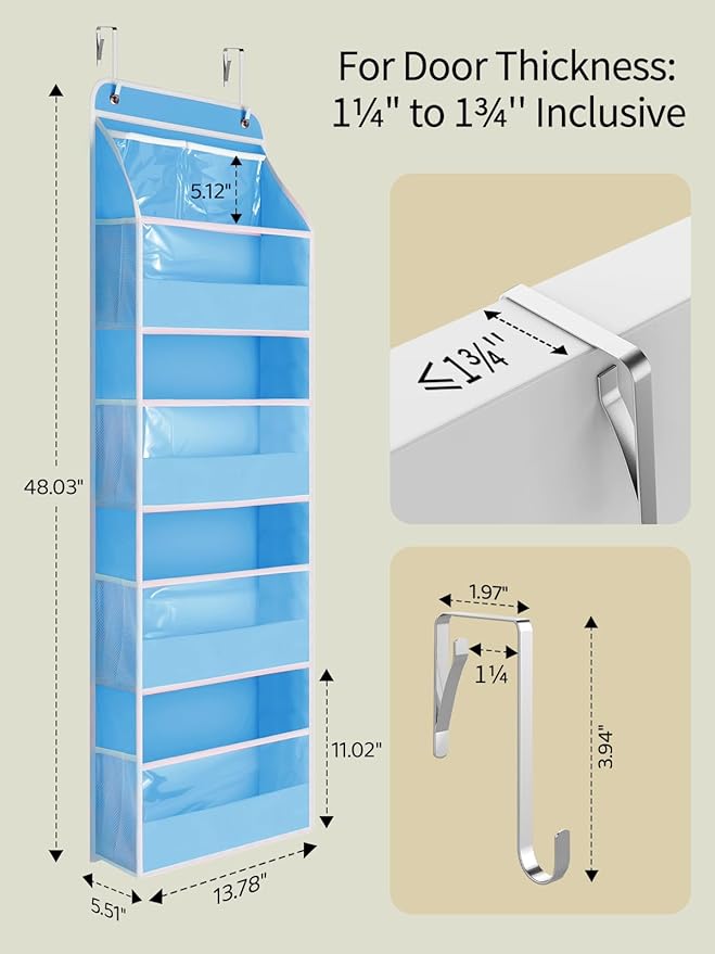 Yecaye 5 Tier 2Pc Over the Door Organizer, Swing-proof Door Organizer Hanging with Clear PVC Windows, Behind the Door Storage for Bedroom Nursery Closet Laundry Pantry Bathroom, Soft Sky Blue