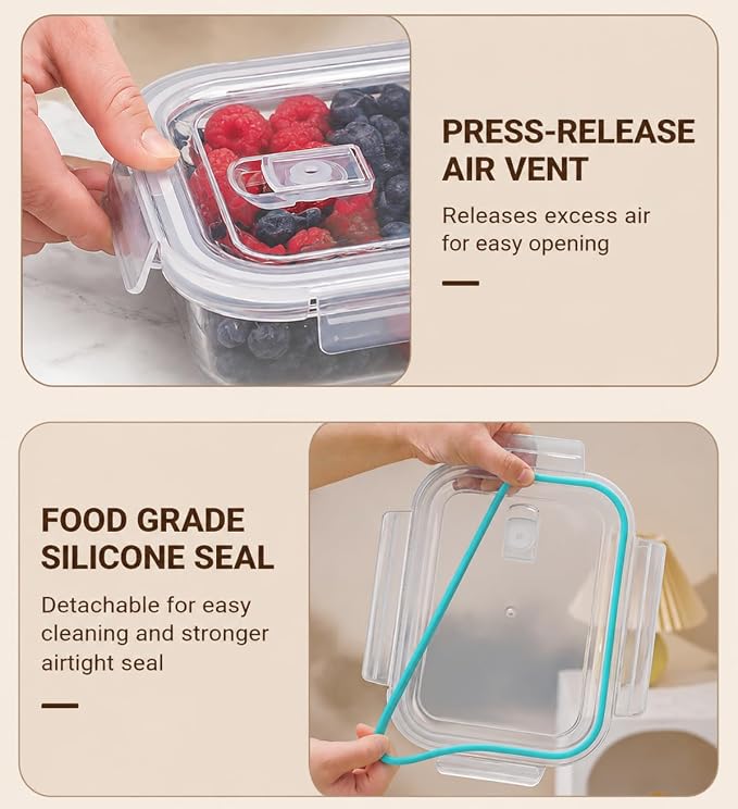 Glass Berry Container for Fridge, 3 Pack, 56oz 35oz 25oz, with Removable Colander and Vent Valve, Fresh Produce Storage Set