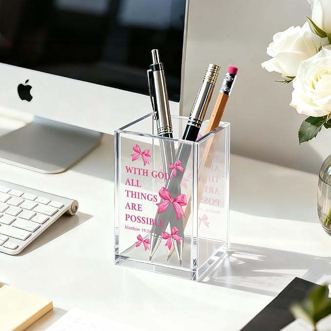 With God All Things Are Possible Bible Pen Holder Makeup Organizer, Funny Bow Christian Pencil Pen Holder for Desk, Matthew 19:26 Bible Verse Pencil Cup, Religious Gifts for Book Lover Teacher