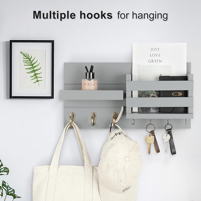 Lwenki Mail Organizer for Wall Mount – Key Holder with Shelf Includes Letter Holder and Hooks for Coats, Dog Leashes – Rustic Wood with Flush Mounting Hardware (16.5” x 8.7” x 3.5”) (Gray)
