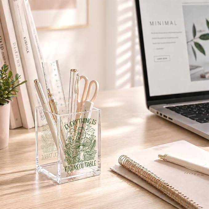 Everything Is Figureoutable Acrylic Pencil Holder Cup | Motivational Frog Gifts for Coworker Friend Frog Lover, Inspirational Home Office Desk Organizer for Boss Teacher Student