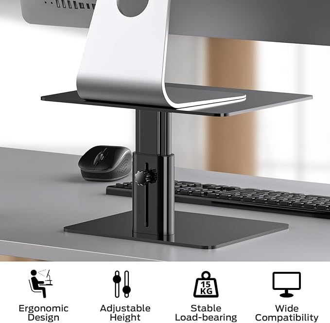 BoYata Monitor Stand, Adjustable Height Metal Desktop Riser, Black | Height-adjustable metal riser with open storage space underneath for monitors, laptops, iMacs, PCs and TVs