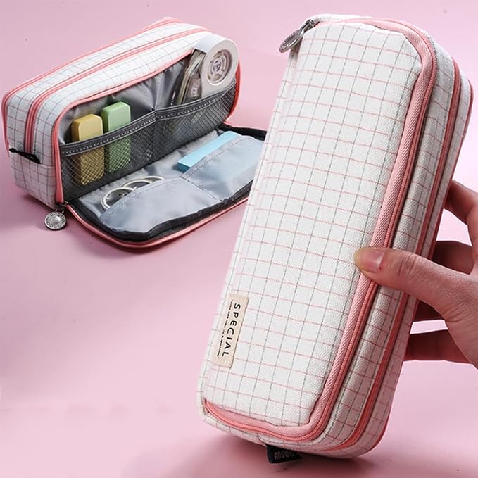 iSuperb Large Pencil Case Big Capacity Pencil Pouch 3 Compartments Pen Bag Canvas Marker Pen Bag for Teen Boys Girls School Students (Plaid Pink)