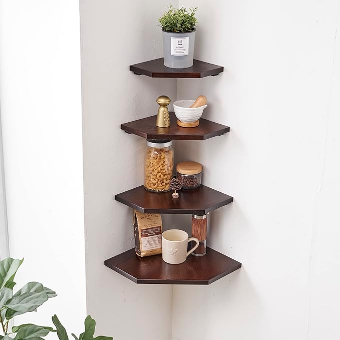 Corner Shelves Wall Mount, Set of 2 Solid Oak Wood Floating Corner Shelves with Wire Hole Display Shelf with Wire Hole Small Plant Display for Kitchen Living Room Bedroom