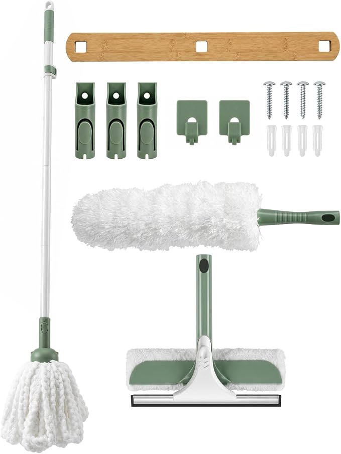 DEANIC High Reach Cleaning Kit with Extendable Handle, 4-in-1 Microfiber Duster, Window Squeegee and Strip Mop Set for Ceiling Fans, Blinds, Windows and Home Cleaning
