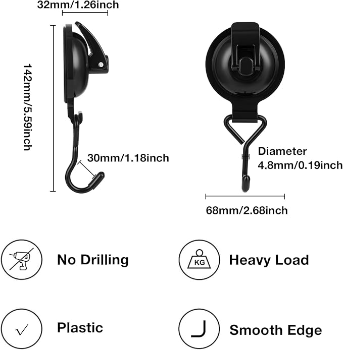 Heavy Duty Vacuum Wreath Cup Adhesive Hook,Hanging 13 lbs Robe Towel Hooks, Super Suction for Kitchen， Bathroom and Restroom (Shiny Black, 2Pack)