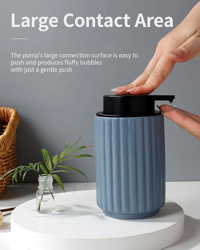 Soap Dispenser, Liquid Ceramic Refillable Hand Soap Pump for Bathroom Kitchen, 10.5OZ Lotion Dispenser Dish Soap Dispenser, Gray Blue, Modern Stripe Design, ANTIS'S HOME