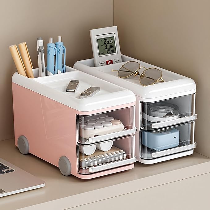 LETURE Cute Desk Organizer with drawers, Plastic Desktop Storage for Business Card/Pen/Pencil/Mobile Phone/Stationery Holder Box, Desktop Organizer for Office School Home (White)