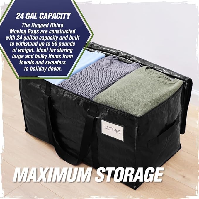RUGGED RHINO 6 Pack Heavy Duty Extra Large Moving Bags, Durable Bag with Strong Handles and Zipper, Moving Boxes Alternative for College Packing, Holiday Décor, Space Saving Storage with Label, Black