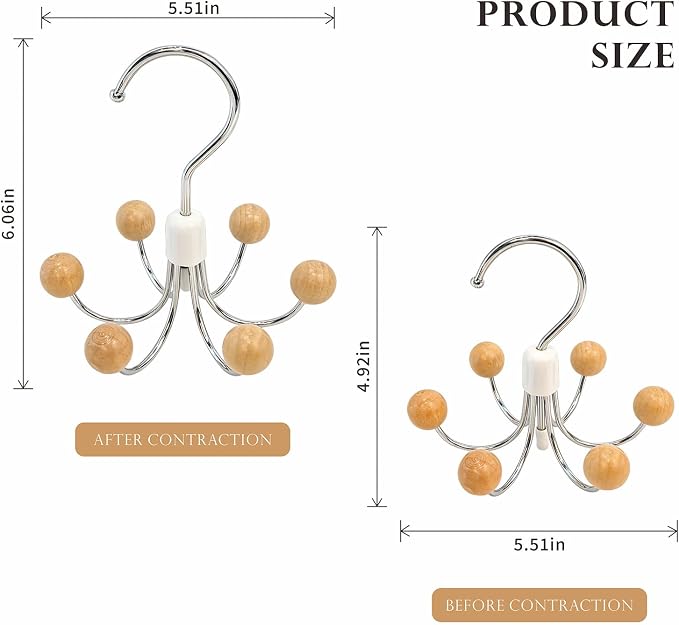 Sweatshirt Hangers with 6 Cedar Balls, Purse Hanger, Scarf Hanger, Wooden Closet Hooks, Handbag Organizer, Bra Hanger, Accessory Organizers for Scarf, Tanktop, Hat, Hoodie-Wood Color(2 Pack)