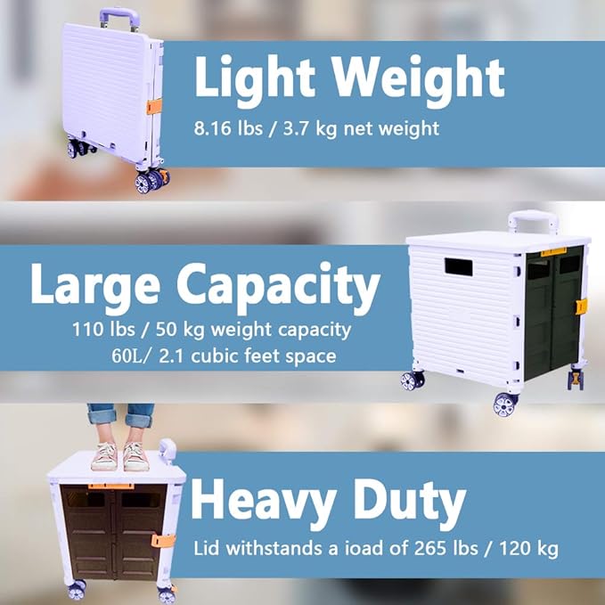 FELICON SELORSS Foldable Utility Cart Folding Portable Rolling Crate Handcart with Durable Heavy Duty Plastic Telescoping Handle Collapsible 4 Rotate Wheels for Travel Shop Move Luggage Office(Purple
