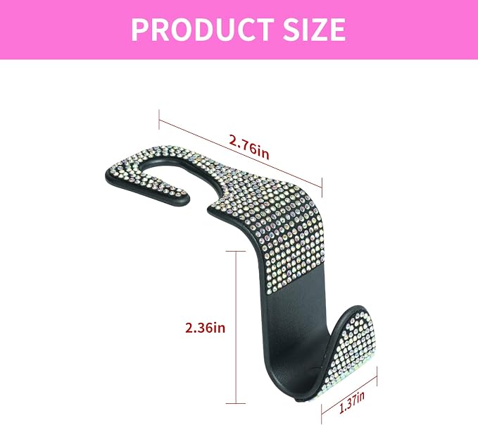 4PCS Bling Car Seat Headrest Hooks, Vehicle Back Seat Purse Handbag Hanging Holder with Crystal Rhinestone, Diamond Storage Organizer Hook,Bling Car Accessories for Women (Colorful)