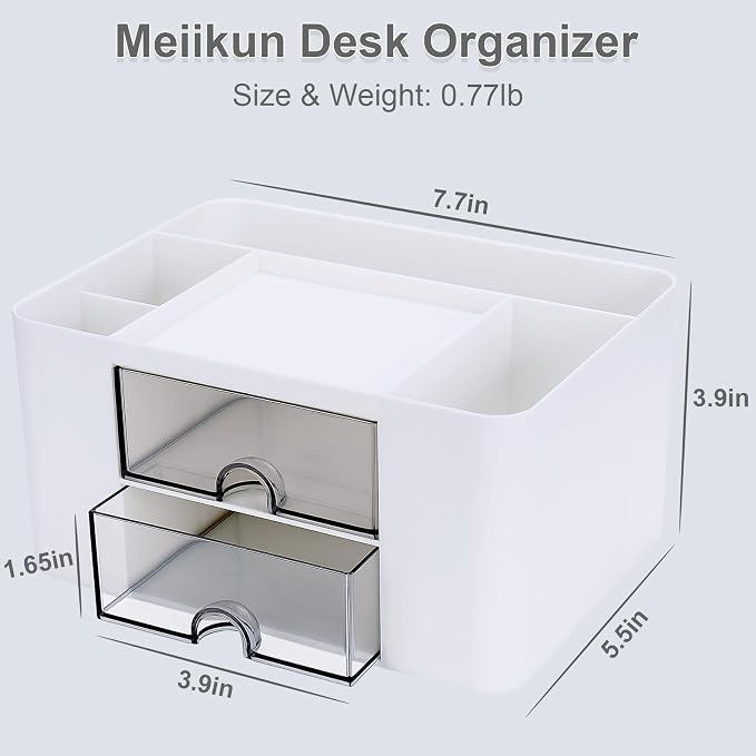 Meiikun Plastic Pen Organizer, Multifunctional Desk Organizer with 2 Drawers, 4 Compartments & a Top Tray, Pencil Holder Desktop Organizers and Accessories for Office, 7.7" x 5.5" x 3.9" (White)