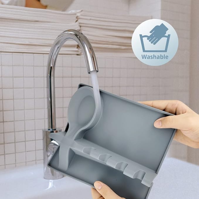 Silicone Utensil Rest with Drip Pad for Stove Top, Large Spoon Holder, Kitchen Utensil Rest (Gray)