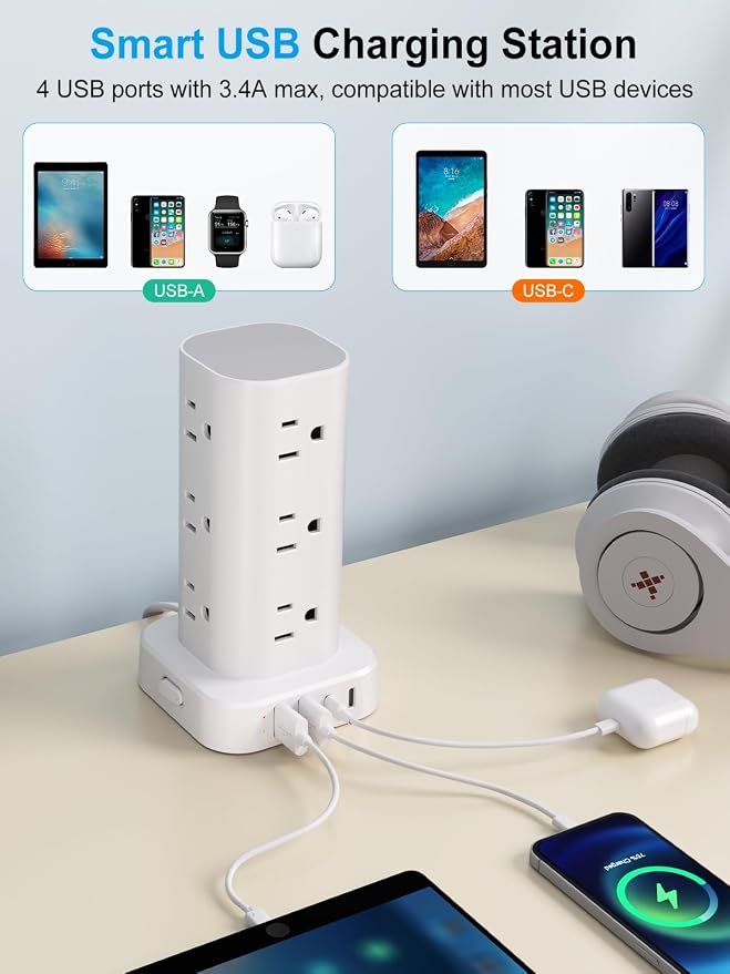 Power Strip Tower with Wireless Charger, Flat Plug Surge Protector Tower with 6FT Extension Cord, 12 AC Multiple Outlets, 4 USB (2 USB C),15W Wireless Charging Power Tower for Home Office Dorm, White