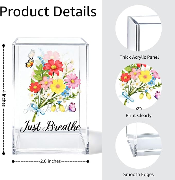 Just Breathe Acrylic Cosmetic Organizer Pen Holder, Motivational Acrylic Desk Holder Cup for Pen Pencil, Inspirational Office Gifts for Coworker Leader, Mental Health Gifts for Anxiety Friend