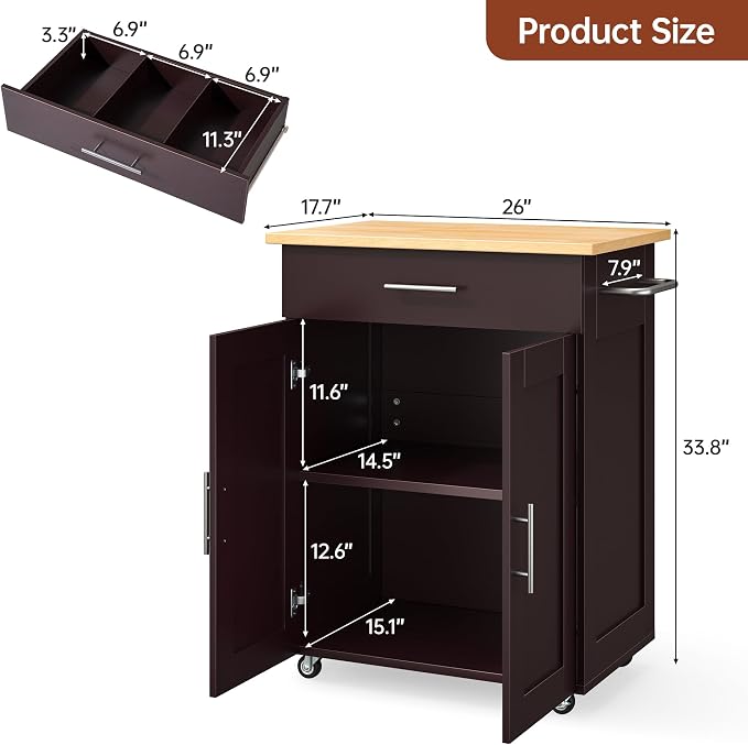 OtterOasis Kitchen Island Cart with Storage, Small Kitchen Island on Wheels with Large Drawer, Adjustable Shelf & Towel Rack, Rolling Island Table for Kitchen & Dining Room, Dark Coffee
