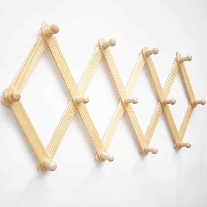 AMAPON Accordion Style Expandable Wall Wooden Coat Rack 13 Hooks (Pegs) Hang Hats Jackets Coffee Mug Purses Necklaces Towels Cap Leash Scarves Data Line Kitchenware (2 Packs)
