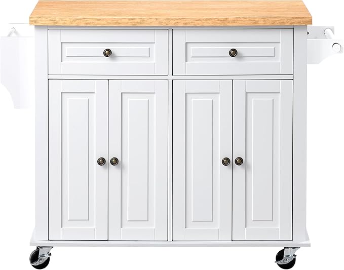 VEVOR Kitchen Island Cart with Storage, 43.7 in Wide Mobile Rolling Storage Island on Swivel Wheels, with 2 Drawers, Storage Cabinet, Spice/Towel Rack, Hooks, Table for Home Dining Room, White