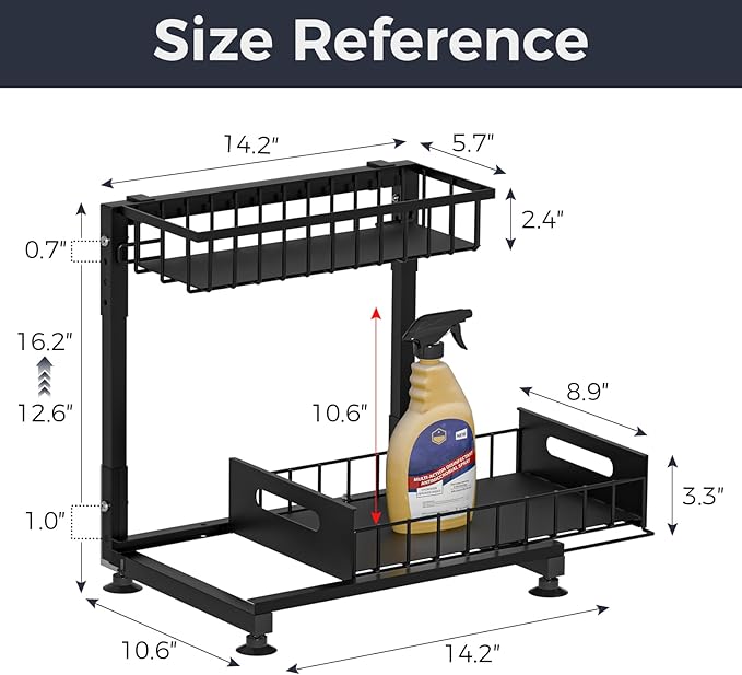L-Shaped Under Sink Organizer, 2 Pack 2-Tier Pull Out Metal Kitchen Cabinet Organizer with Sliding Storage Drawer, Height Adjustable Heavy Duty Under Bathroom Sink Storage for Cleaning Supplies