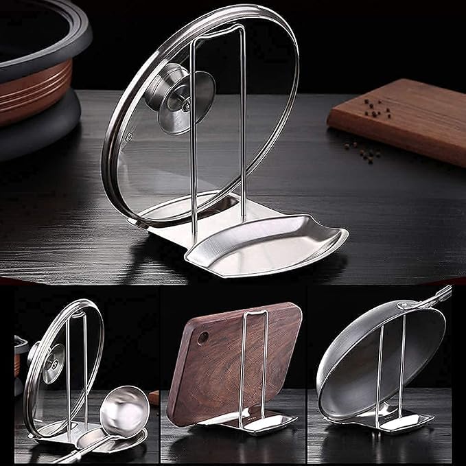 Pan Lid Holder Progressive Lid and Spoon Rest Shelf 304 Stainless Steel Pan Lid Organizer Kitchen Decor Tool | iPstyle 304 Stainless Steel Pan Lid Holder Spoon Rest Organizer Kitchen Tool