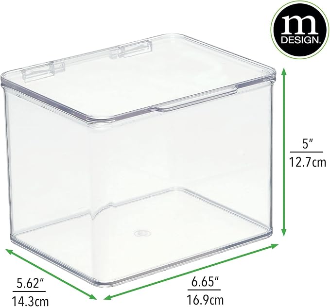 mDesign Small Plastic Home Office Storage Organizer Box Containers with Hinged Lid for Desktops - Holds Pens, Pencils, Sticky Notes, Highlighters, Staples, and Supplies - Clear
